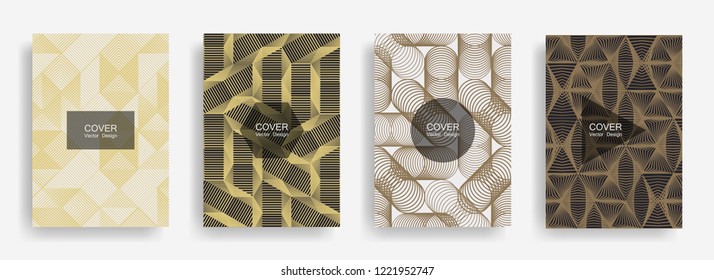 Halftone shapes minimal geometric cover templates set graphic design. Halftone lines grid vector background of triangle, hexagon, rhombus, circle shapes. Future geometric cover flyer backgrounds.
