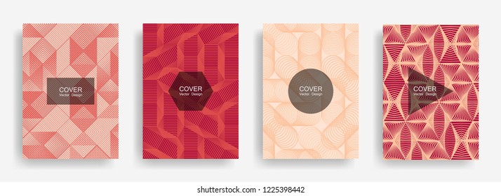 Halftone shapes minimal geometric cover templates set graphic design. Halftone lines grid vector background of triangle, hexagon, rhombus, circle shapes. Future geometric cover backgrounds.