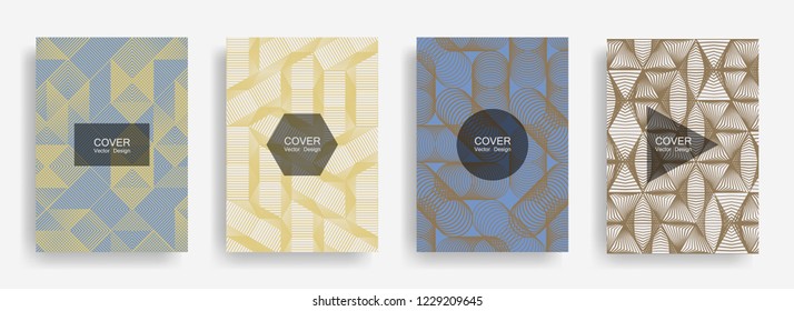 Halftone shapes minimal geometric cover templates set graphic design. Halftone lines grid vector background of triangle, hexagon, rhombus, circle shapes. Future geometric cover branding backgrounds.