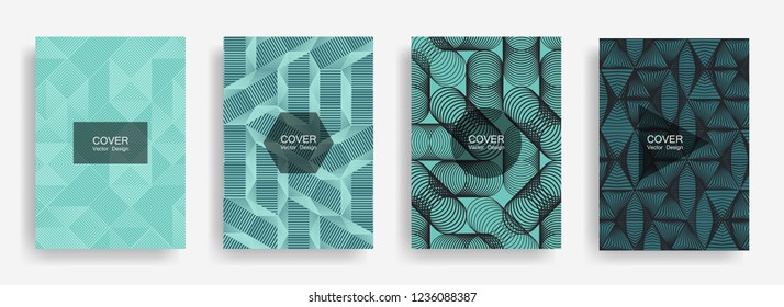 Halftone shapes minimal geometric cover templates set graphic design. Halftone lines grid vector background of triangle, hexagon, rhombus, circle shapes. Future geometric cover folder backgrounds.