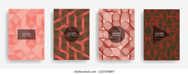 Halftone shapes minimal geometric cover templates set graphic design. Halftone lines grid vector background of triangle, hexagon, rhombus, circle shapes. Future geometric cover abstract backgrounds.