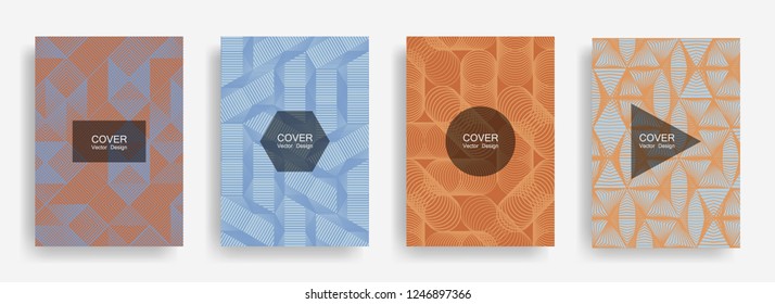Halftone shapes minimal geometric cover templates set graphic design. Halftone lines grid vector background of triangle, hexagon, rhombus, circle shapes. Future geometric cover retro backgrounds.