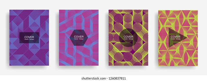 Halftone shapes minimal geometric cover templates set graphic design. Halftone lines grid vector background of triangle, hexagon, rhombus, circle shapes. Future geometric cover scientific backgrounds