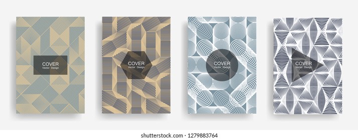 Halftone shapes minimal geometric cover templates set graphic design. Halftone lines grid vector background of triangle, hexagon, rhombus, circle shapes. Future geometric cover catalog backgrounds.