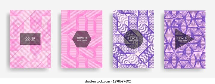 Halftone shapes minimal geometric cover templates set graphic design. Halftone lines grid vector background of triangle, hexagon, rhombus, circle shapes. Future geometric cover magazine backgrounds