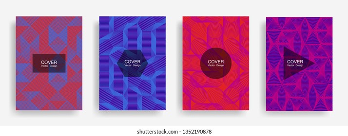 Halftone shapes minimal geometric cover templates set graphic design. Halftone lines grid vector background of triangle, hexagon, rhombus, circle shapes. Future geometric cover retro backgrounds.