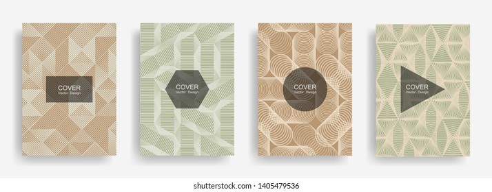 Halftone shapes minimal geometric cover templates set graphic design. Halftone lines grid vector background of triangle, hexagon, rhombus, circle shapes. Future geometric cover journal backgrounds.