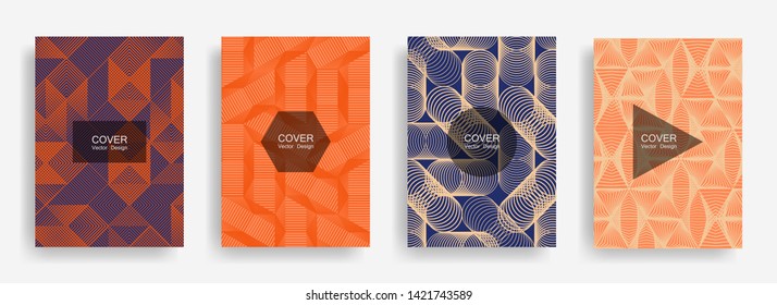 Halftone shapes minimal geometric cover templates set graphic design. Halftone lines grid vector background of triangle, hexagon, rhombus, circle shapes. Future geometric cover scientific backgrounds