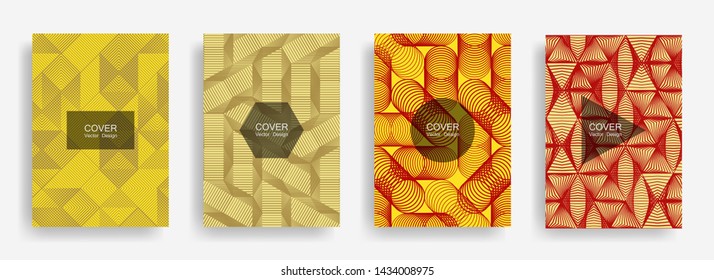 Halftone shapes minimal geometric cover templates set graphic design. Halftone lines grid vector background of triangle, hexagon, rhombus, circle shapes. Future geometric cover template backgrounds.