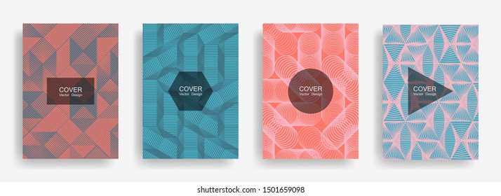 Halftone shapes minimal geometric cover templates set graphic design. Halftone lines grid vector background of triangle, hexagon, rhombus, circle shapes. Future geometric cover set backgrounds.