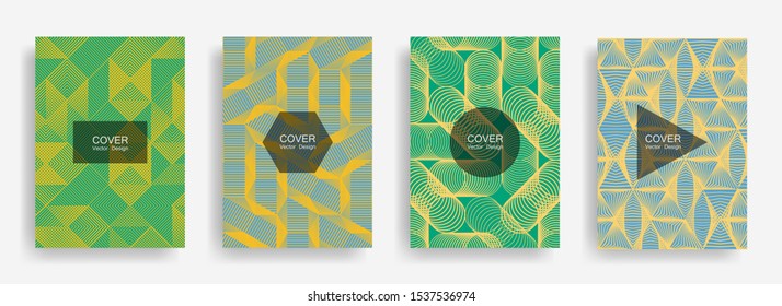 Halftone shapes minimal geometric cover templates set graphic design. Halftone lines grid vector background of triangle, hexagon, rhombus, circle shapes. Future geometric cover catalog backgrounds.