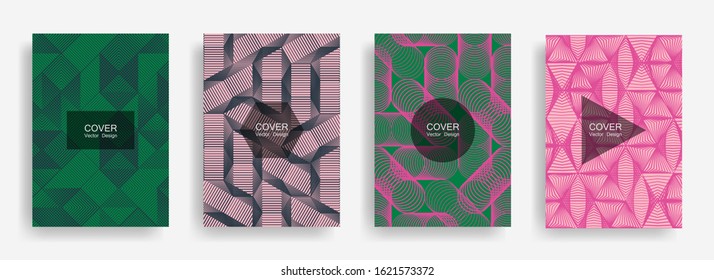 Halftone shapes minimal geometric cover templates set graphic design. Halftone lines grid vector background of triangle, hexagon, rhombus, circle shapes. Future geometric cover flyer backgrounds.