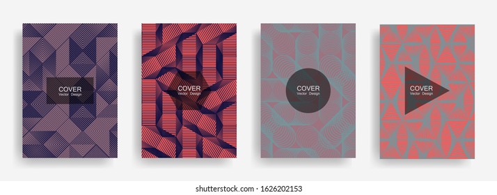 Halftone shapes minimal geometric cover templates set graphic design. Halftone lines grid vector background of triangle, hexagon, rhombus, circle shapes. Future geometric cover tech backgrounds.
