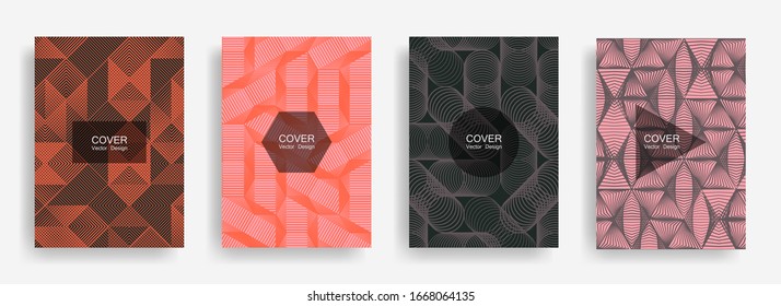 Halftone shapes minimal geometric cover templates set graphic design. Halftone lines grid vector background of triangle, hexagon, rhombus, circle shapes. Future geometric cover graphic backgrounds.
