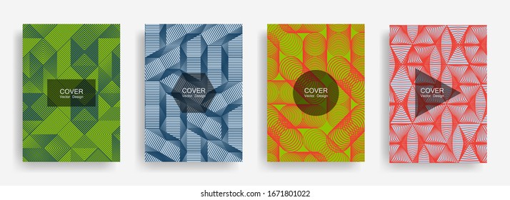 Halftone shapes minimal geometric cover templates set graphic design. Halftone lines grid vector background of triangle, hexagon, rhombus, circle shapes. Future geometric cover abstract backgrounds.