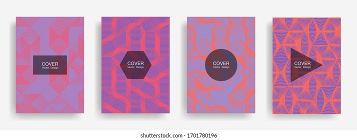 Halftone shapes minimal geometric cover templates set graphic design. Halftone lines grid vector background of triangle, hexagon, rhombus, circle shapes. Future geometric cover card backgrounds