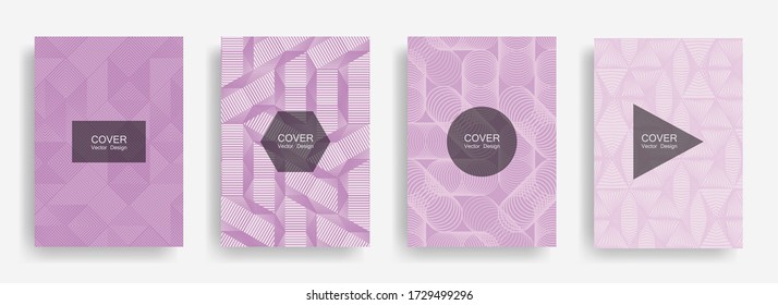 Halftone shapes minimal geometric cover templates set graphic design. Halftone lines grid vector background of triangle, hexagon, rhombus, circle shapes. Future geometric cover creative backgrounds.