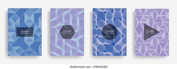 Halftone shapes minimal geometric cover templates set graphic design. Halftone lines grid vector background of triangle, hexagon, rhombus, circle shapes. Future geometric cover corporate backgrounds.