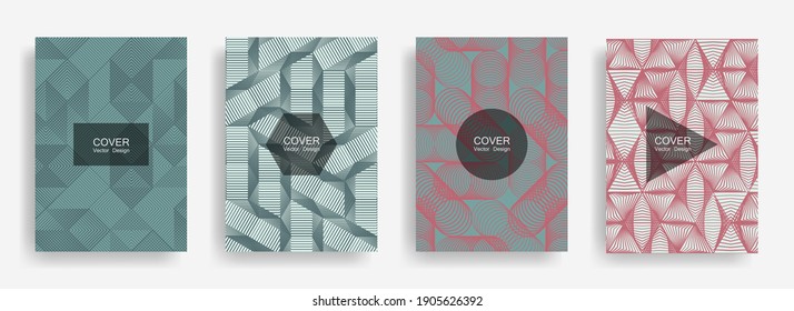 Halftone shapes minimal geometric cover templates set graphic design. Halftone lines grid vector background of triangle, hexagon, rhombus, circle shapes. Future geometric cover certificate backgrounds