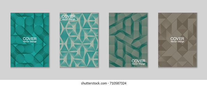 Halftone shapes minimal geometric cover templates set graphic design. Halftone lines grid vector background made of triangle, hexagon, rhombus and circle shapes. Future geometric cover backgrounds.