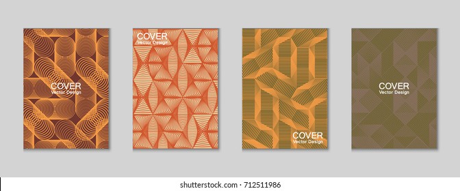 Halftone shapes minimal geometric cover templates set graphic design. Halftone lines grid vector background made of triangle, hexagon, rhombus and circle shapes. Future geometric cover backgrounds.