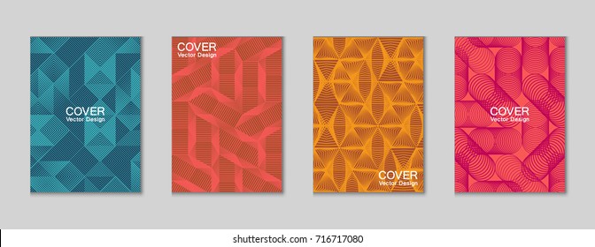 Halftone shapes minimal geometric cover templates set graphic design. Halftone lines grid vector background made of triangle, hexagon, rhombus and circle shapes. Future geometric cover backgrounds.