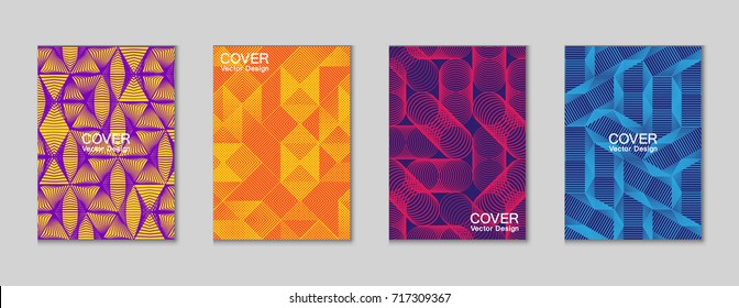 Halftone shapes minimal geometric cover templates set graphic design. Halftone lines grid vector background made of triangle, hexagon, rhombus and circle shapes. Future geometric cover backgrounds.