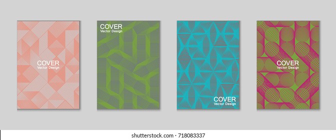 Halftone shapes minimal geometric cover templates set graphic design. Halftone lines grid vector background made of triangle, hexagon, rhombus and circle shapes. Future geometric cover backgrounds.