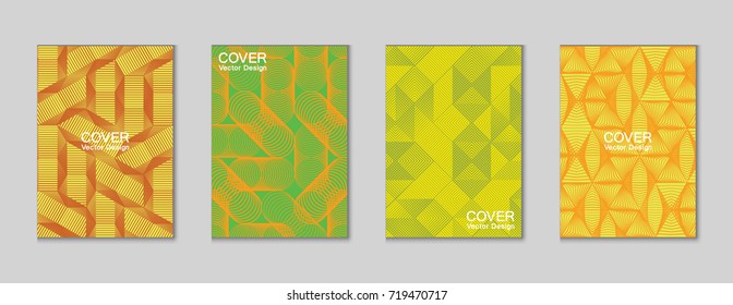 Halftone shapes minimal geometric cover templates set graphic design. Halftone lines grid vector background made of triangle, hexagon, rhombus and circle shapes. Future geometric cover backgrounds.