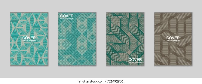 Halftone shapes minimal geometric cover templates set graphic design. Halftone lines grid vector background made of triangle, hexagon, rhombus and circle shapes. Future geometric cover backgrounds.