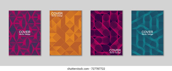 Halftone shapes minimal geometric cover templates set graphic design. Halftone lines grid vector background made of triangle, hexagon, rhombus and circle shapes. Future geometric cover backgrounds.