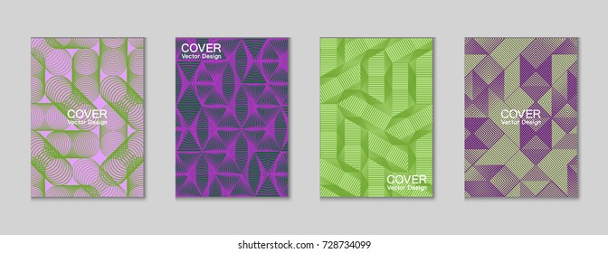 Halftone shapes minimal geometric cover templates set graphic design. Halftone lines grid vector background made of triangle, hexagon, rhombus and circle shapes. Future geometric cover backgrounds.