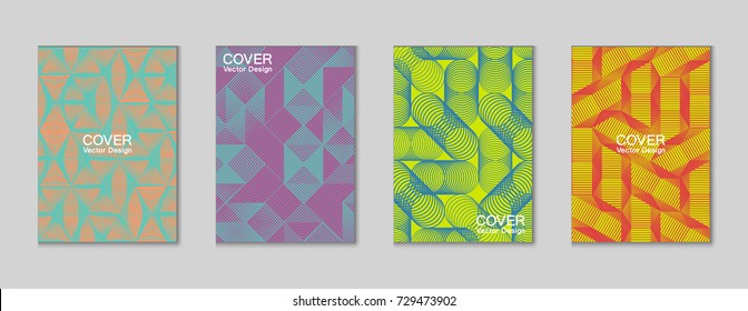 Halftone shapes minimal geometric cover templates set graphic design. Halftone lines grid vector background made of triangle, hexagon, rhombus and circle shapes. Future geometric cover backgrounds.