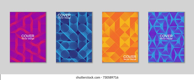 Halftone shapes minimal geometric cover templates set graphic design. Halftone lines grid vector background made of triangle, hexagon, rhombus and circle shapes. Future geometric cover backgrounds.