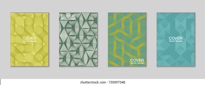 Halftone shapes minimal geometric cover templates set graphic design. Halftone lines grid vector background made of triangle, hexagon, rhombus and circle shapes. Future geometric cover backgrounds.