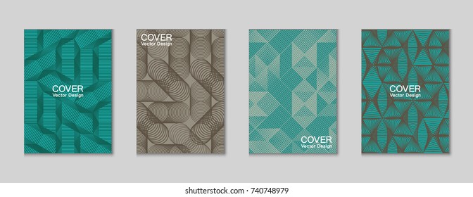 Halftone shapes minimal geometric cover templates set graphic design. Halftone lines grid vector background made of triangle, hexagon, rhombus and circle shapes. Future geometric cover backgrounds.