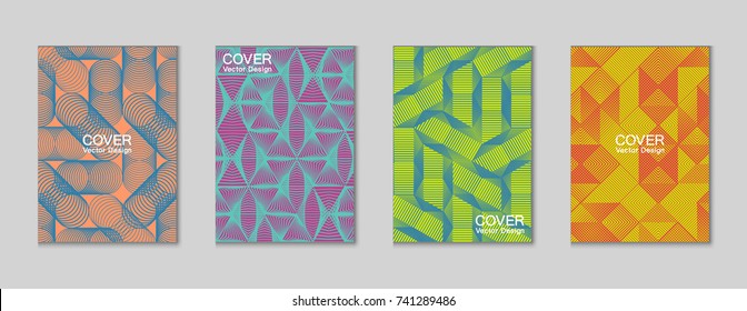 Halftone shapes minimal geometric cover templates set graphic design. Halftone lines grid vector background made of triangle, hexagon, rhombus and circle shapes. Future geometric cover backgrounds.