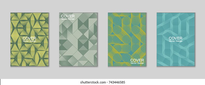 Halftone shapes minimal geometric cover templates set graphic design. Halftone lines grid vector background made of triangle, hexagon, rhombus and circle shapes. Future geometric cover backgrounds.