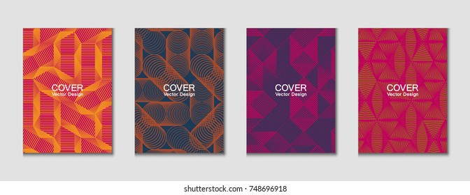 Halftone shapes minimal geometric cover templates set graphic design. Halftone lines grid vector background made of triangle, hexagon, rhombus and circle shapes. Future geometric cover backgrounds.