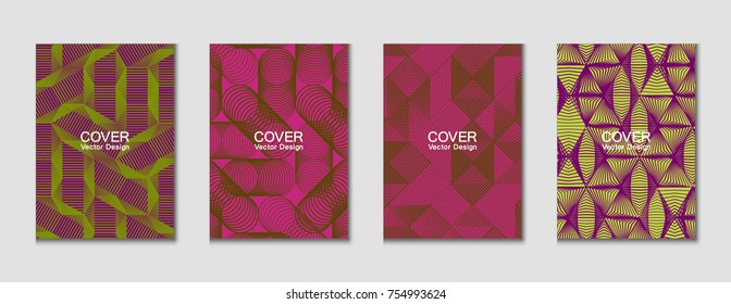 Halftone shapes minimal geometric cover templates set graphic design. Halftone lines grid vector background made of triangle, hexagon, rhombus and circle shapes. Future geometric cover backgrounds.