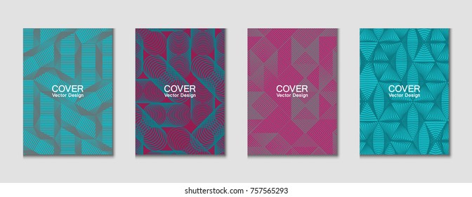 Halftone shapes minimal geometric cover templates set graphic design. Halftone lines grid vector background made of triangle, hexagon, rhombus and circle shapes. Future geometric cover backgrounds.