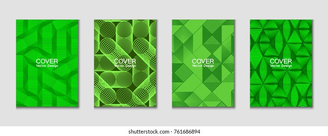 Halftone shapes minimal geometric cover templates set graphic design. Halftone lines grid vector background made of triangle, hexagon, rhombus and circle shapes. Future geometric cover backgrounds.