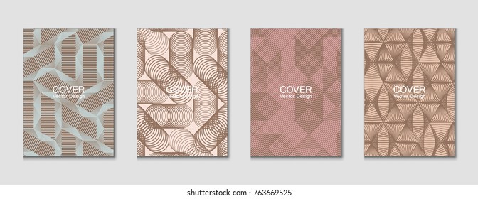 Halftone shapes minimal geometric cover templates set graphic design. Halftone lines grid vector background made of triangle, hexagon, rhombus and circle shapes. Future geometric cover backgrounds.