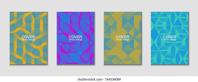 Halftone shapes minimal geometric cover templates set graphic design. Halftone lines grid vector background made of triangle, hexagon, rhombus and circle shapes. Future geometric cover backgrounds.