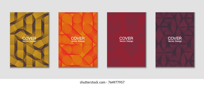 Halftone shapes minimal geometric cover templates set graphic design. Halftone lines grid vector background made of triangle, hexagon, rhombus and circle shapes. Future geometric cover backgrounds.