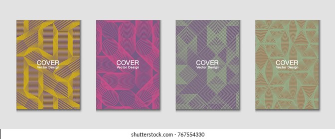 Halftone shapes minimal geometric cover templates set graphic design. Halftone lines grid vector background made of triangle, hexagon, rhombus and circle shapes. Future geometric cover backgrounds.