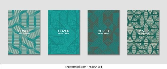 Halftone shapes minimal geometric cover templates set graphic design. Halftone lines grid vector background made of triangle, hexagon, rhombus and circle shapes. Future geometric cover backgrounds.