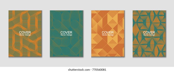 Halftone shapes minimal geometric cover templates set graphic design. Halftone lines grid vector background made of triangle, hexagon, rhombus and circle shapes. Future geometric cover backgrounds.