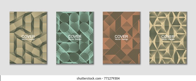 Halftone shapes minimal geometric cover templates set graphic design. Halftone lines grid vector background made of triangle, hexagon, rhombus and circle shapes. Future geometric cover backgrounds.