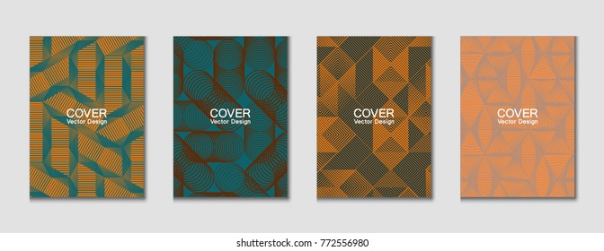Halftone shapes minimal geometric cover templates set graphic design. Halftone lines grid vector background made of triangle, hexagon, rhombus and circle shapes. Future geometric cover backgrounds.